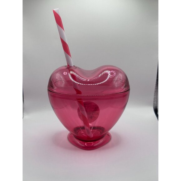 Heart-Shaped Pink Plastic Tumbler Cup W/ Lid & Straw - Reusable Drinkware - Picture 2 of 6